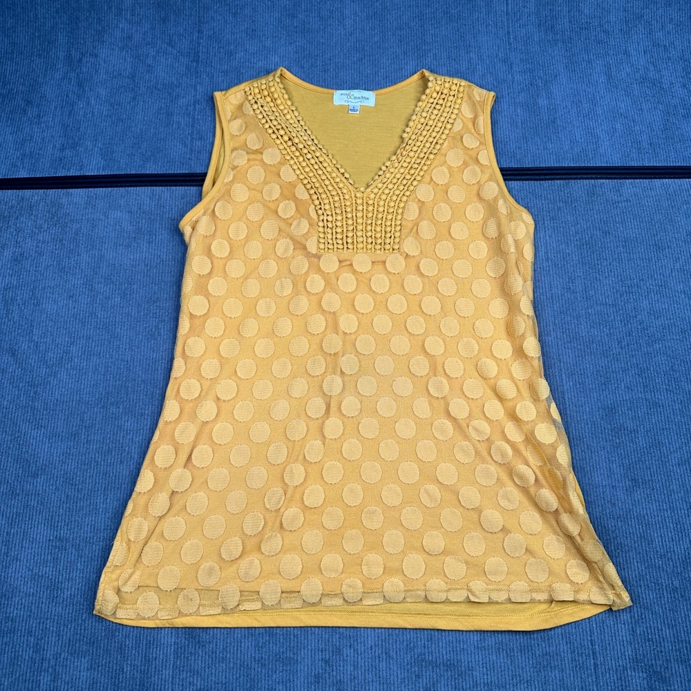 Eve & Maddie Mustard Y2K Yellow Polka Dot Burnout Mesh Crochet Trim Tank Top